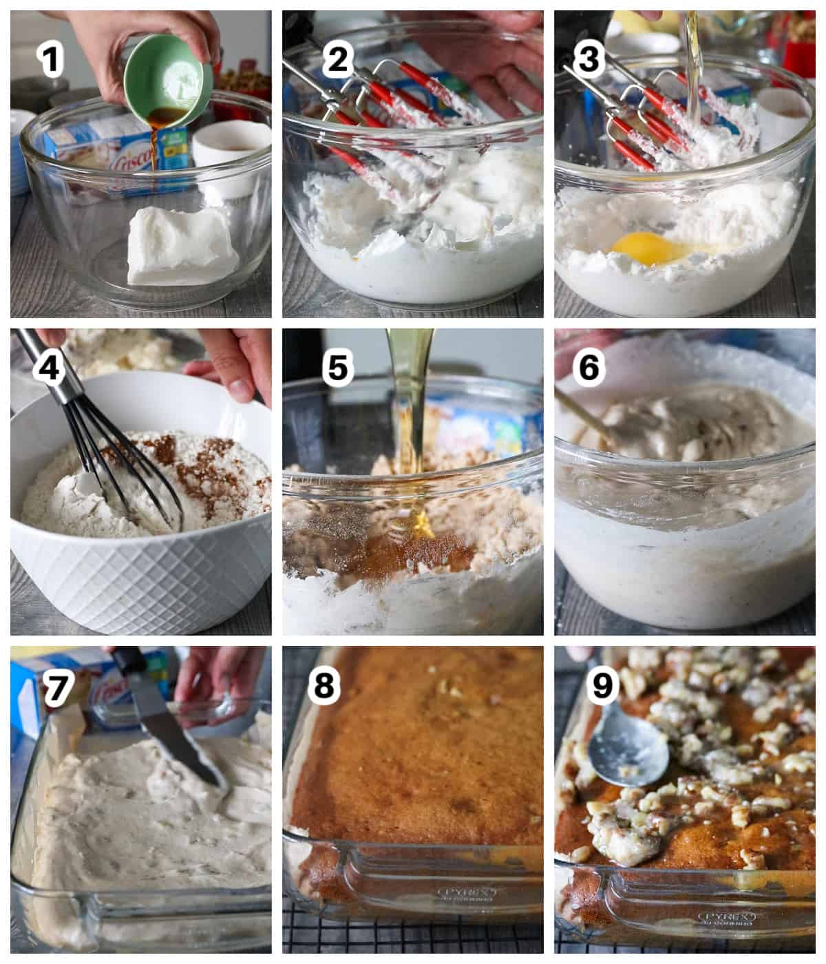 The step by step process for making honey walnut cake.