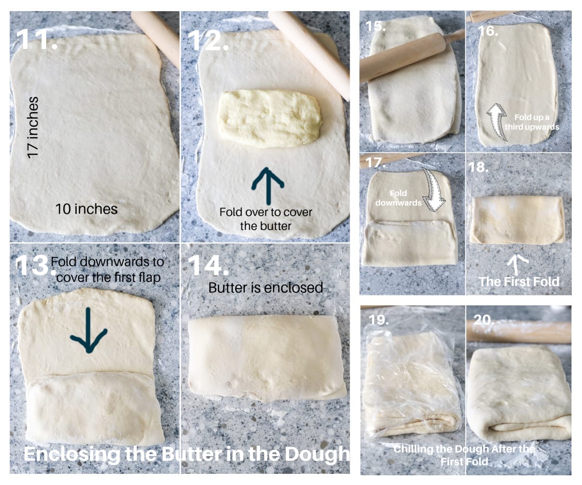 The series of folding to laminate the croissant dough.