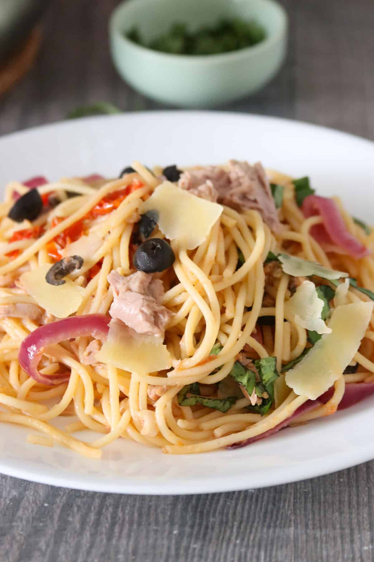 Tuna pasta served on a plate.