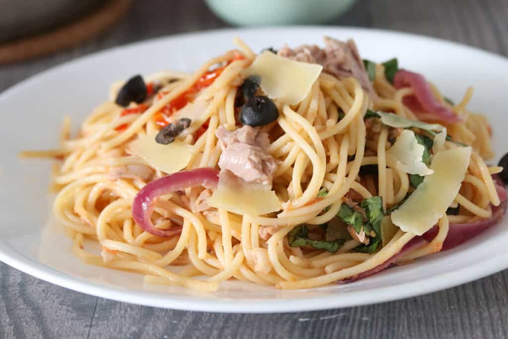 Tuna pasta on a dish.