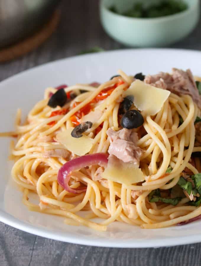 Tuna pasta on a plate.