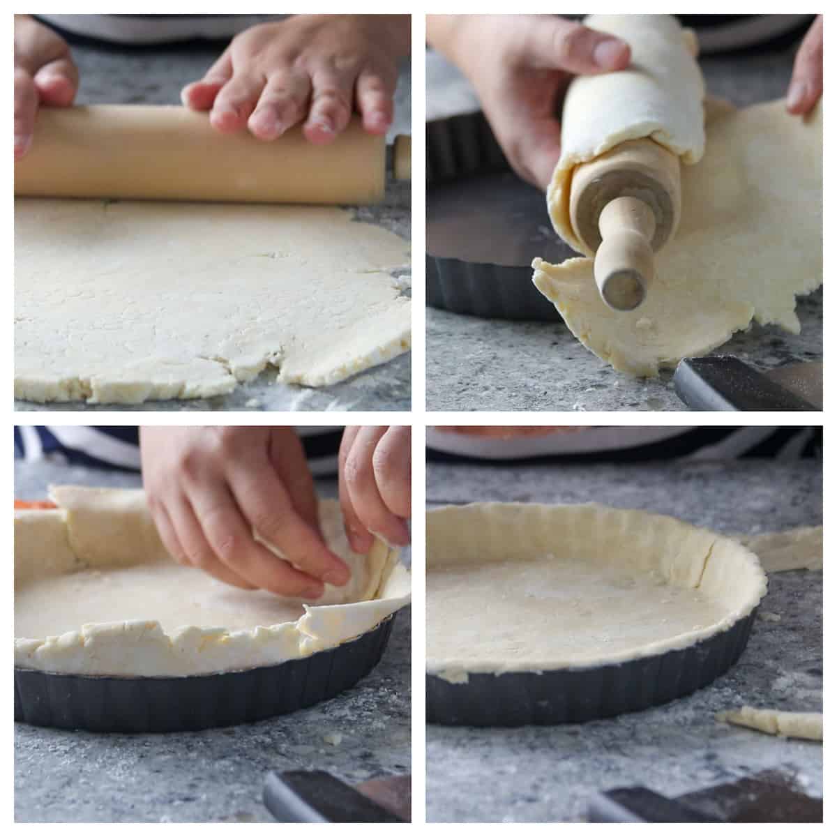 Rolling out the crust to fit it in the tart pan.