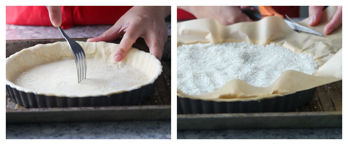 Poking holes through the crust and adding pie weights to prepare it for blind baking.