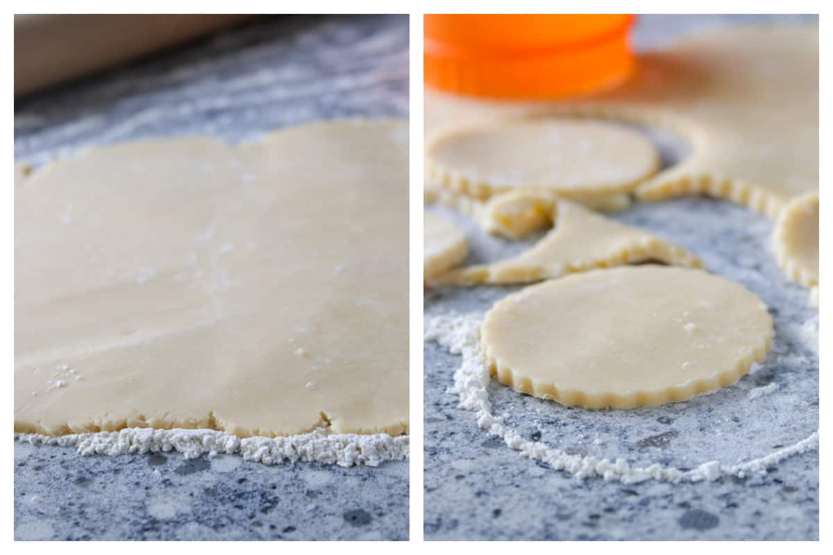 Rolling the pastry dough and cutting the circles using a dough cutter.