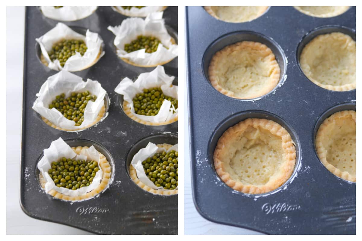 Left, the tart shells filled with pie weights. Right, the prebaked tart shells.