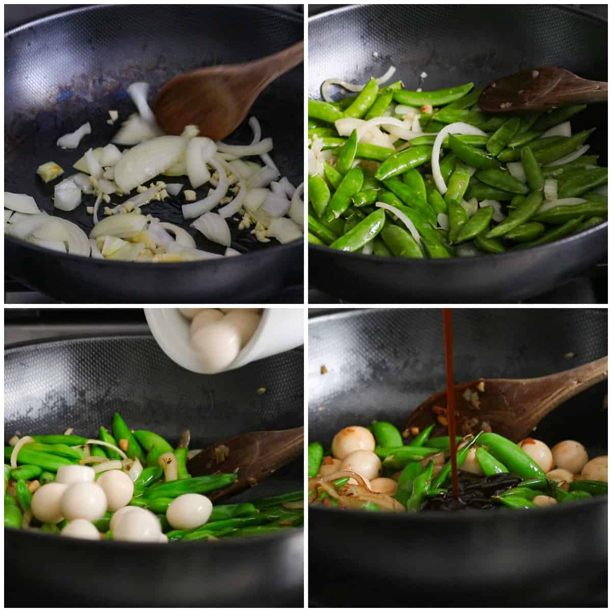 The step by step process for making the sugar snap peas stir fry.