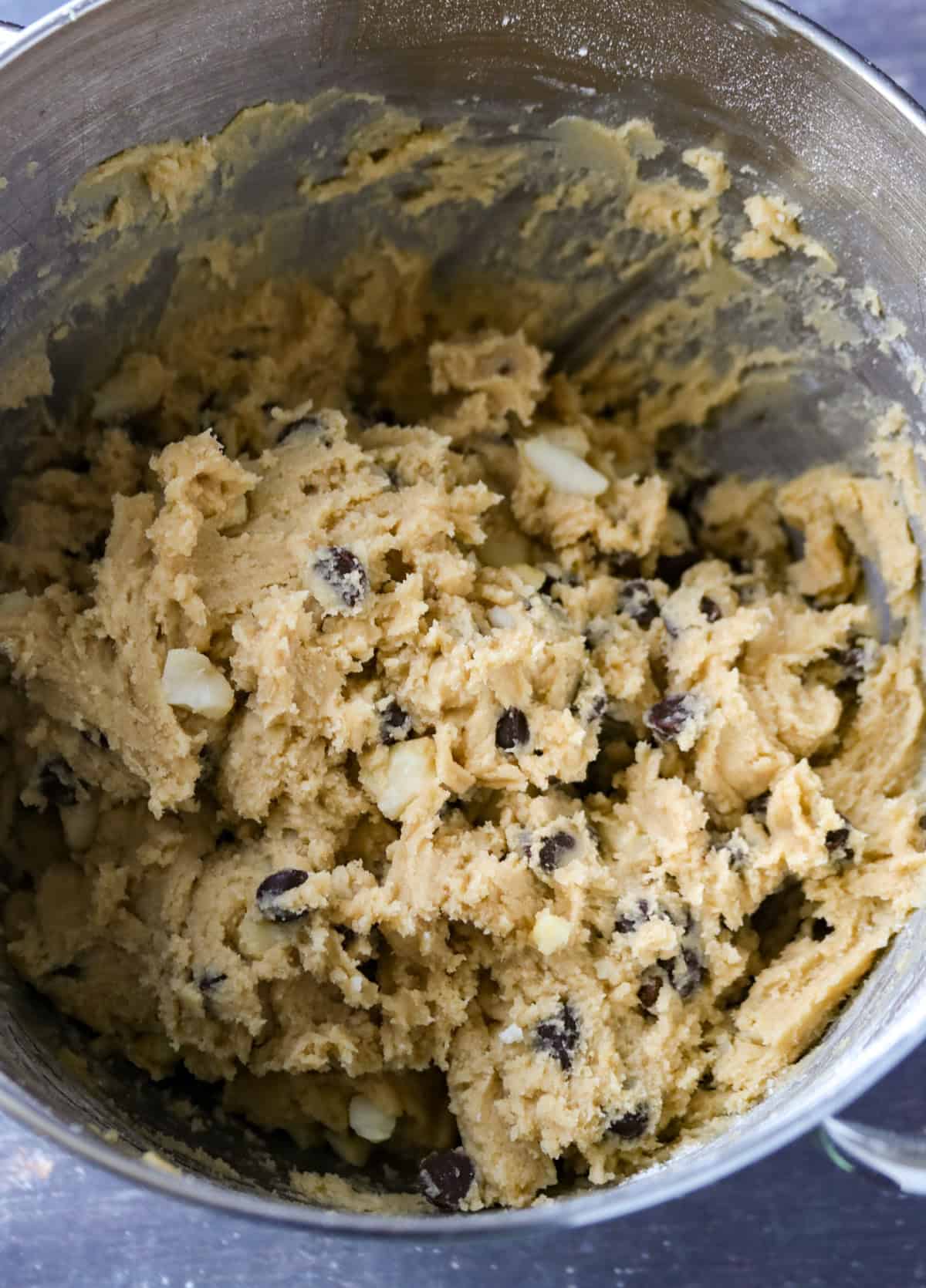 The cookie dough in a mixing bowl ready for chilling.