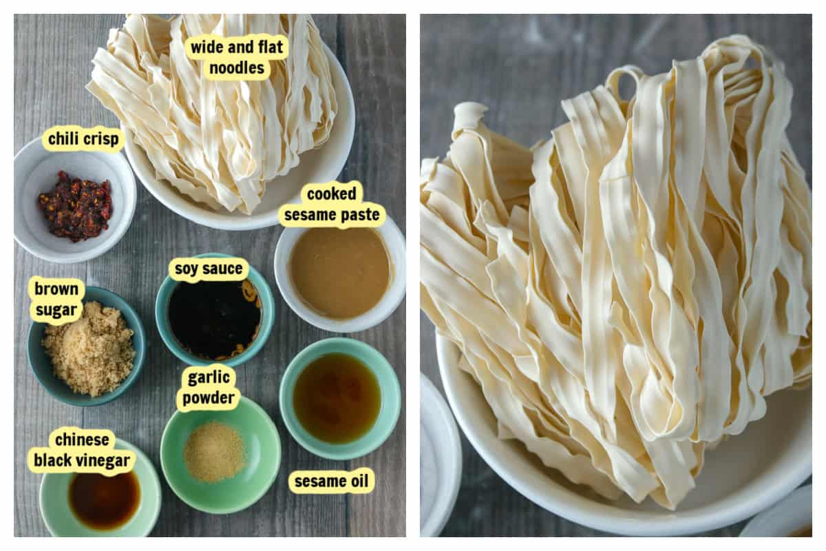 The sesame noodles ingredients (left) and the up close photo of the wide and flat noodles (right).