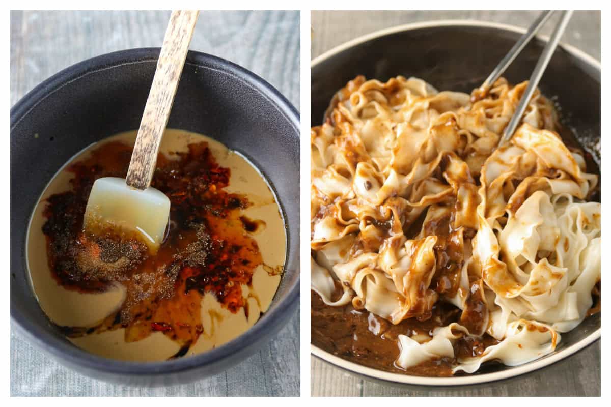 Mixing the sauce ingredients in a bowl (left) and tossing the cooked noodles in the sauce (right).