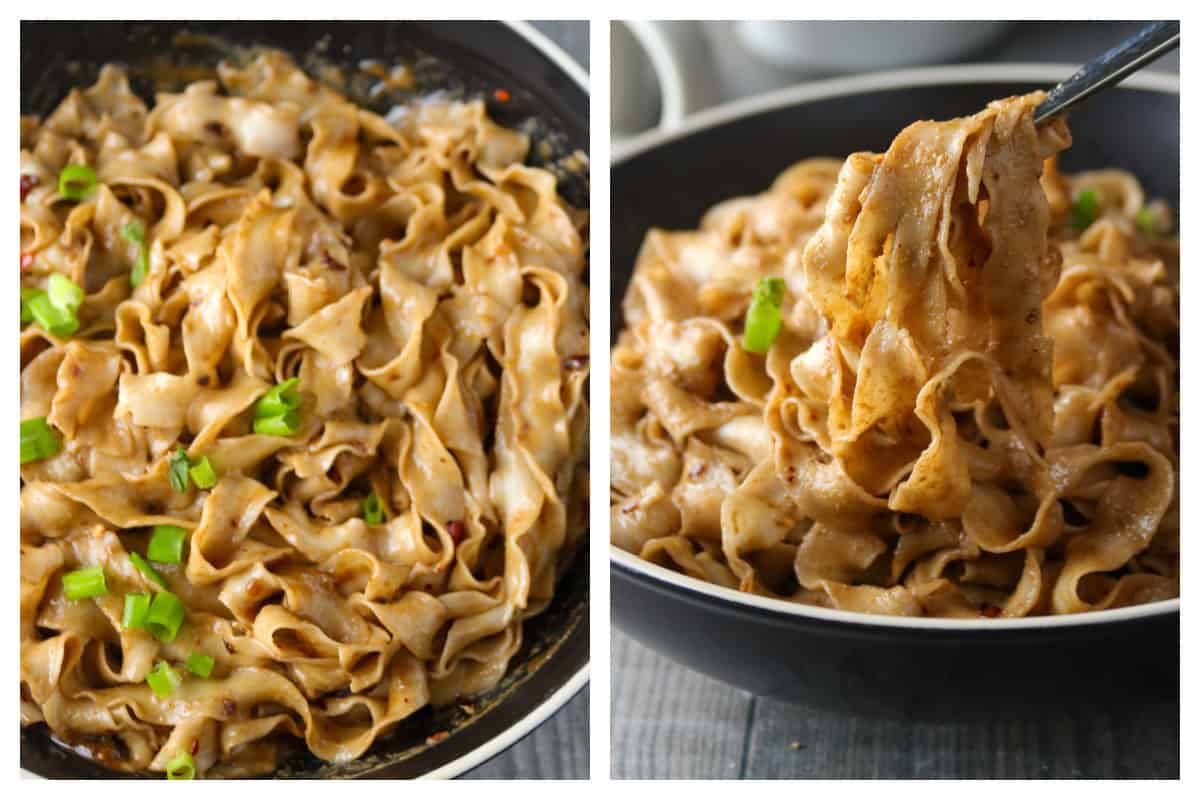 A collage of sesame noodles in a bowl.