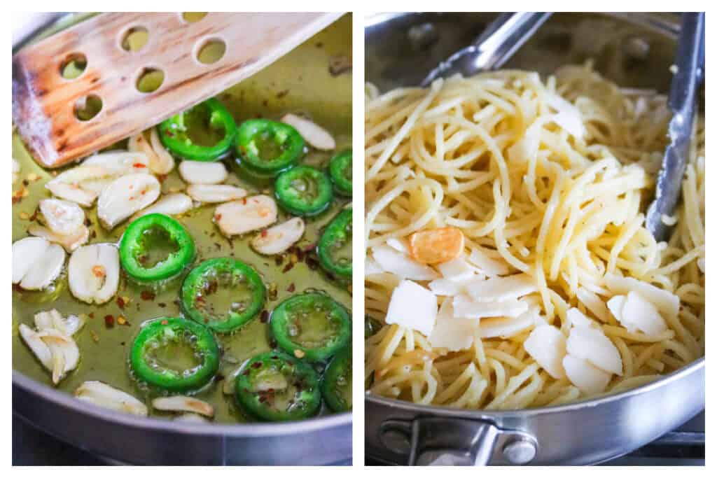 Cooking garlic and jalapeno in olive oil (left) and tossing the pasta in (right).