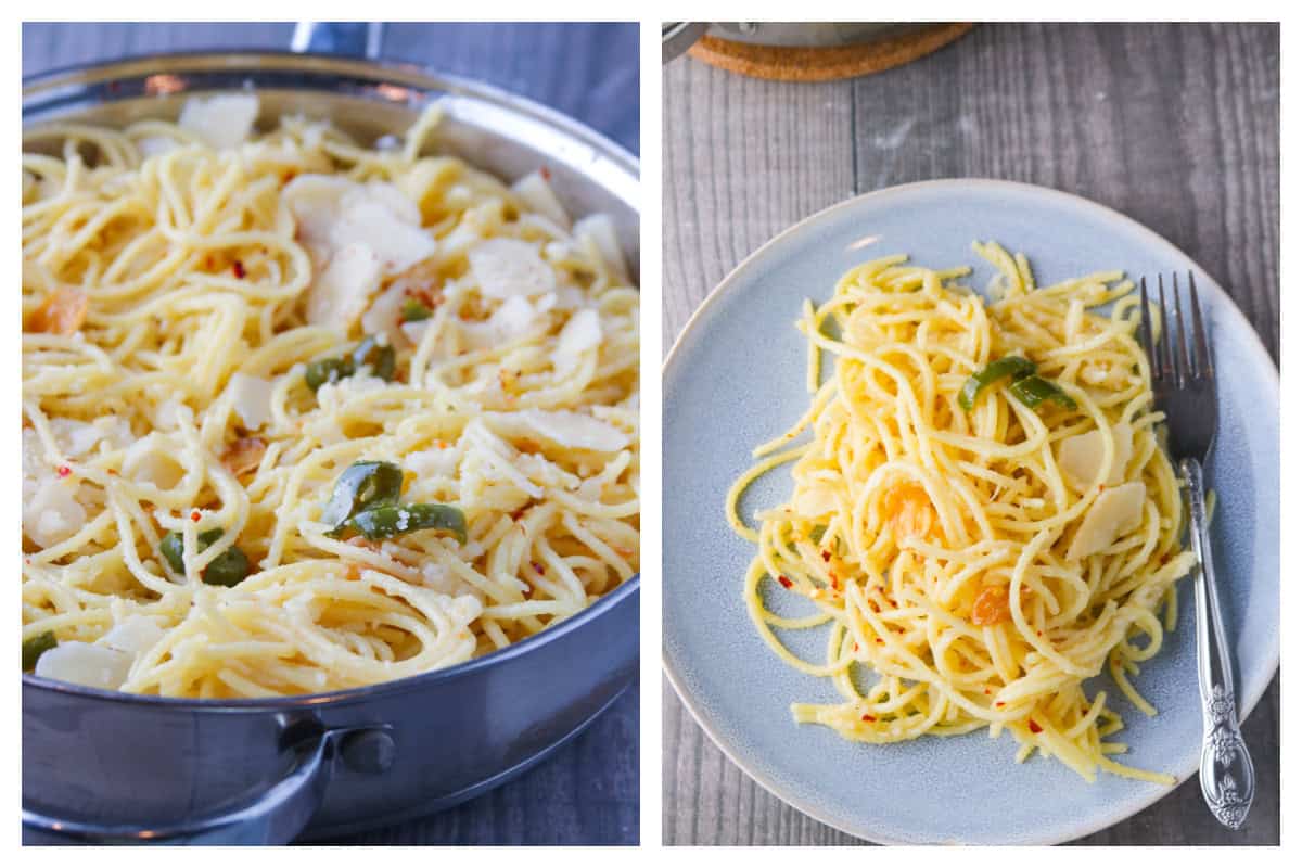 Aglio olio in a pan (left) and served in a plate (right).