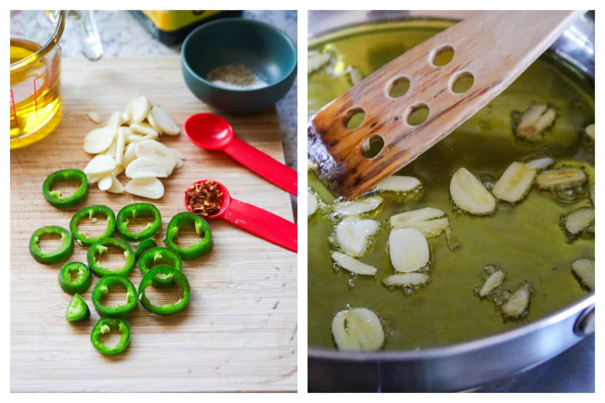 Jalapeno and garlic slices (left) and garlic cooking in olive oil (right).