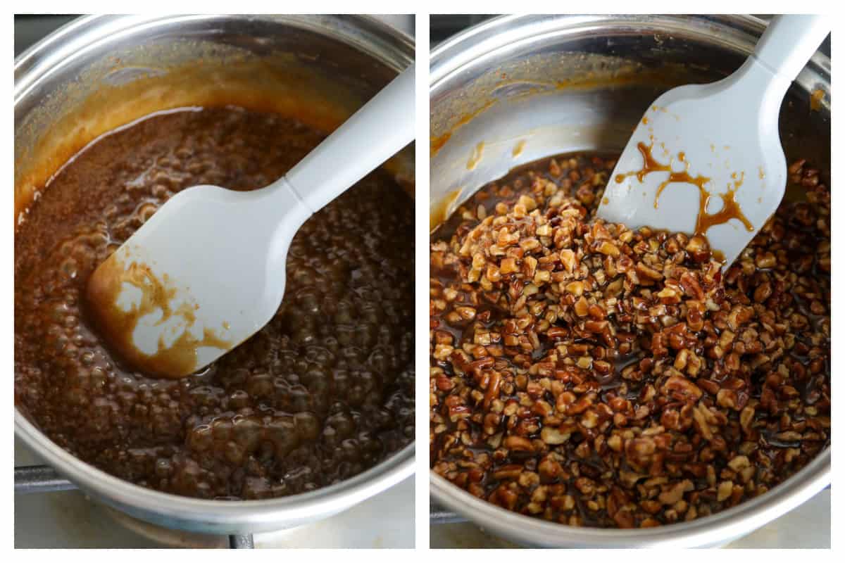 A photo collage showing the process of cooking the maple pecan filling for Danish pastries.