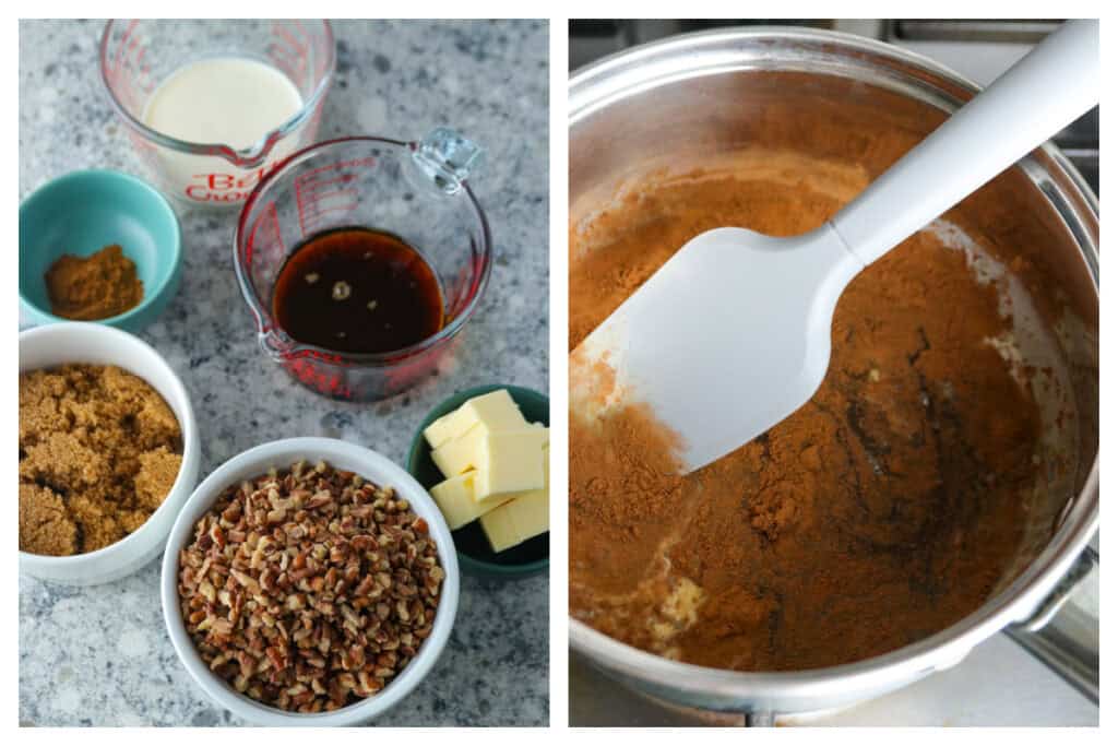 The ingredient for the pecan filling of maple pecan danish pastry (left) and mixing and cooking the pecan filling in a saucepan (right).