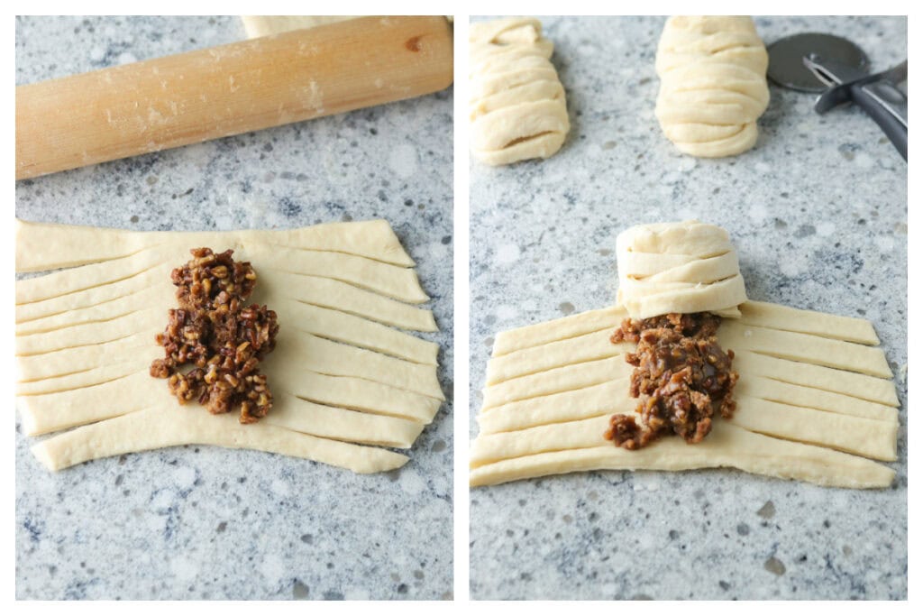 The braiding process for the maple pecan danish pastry.