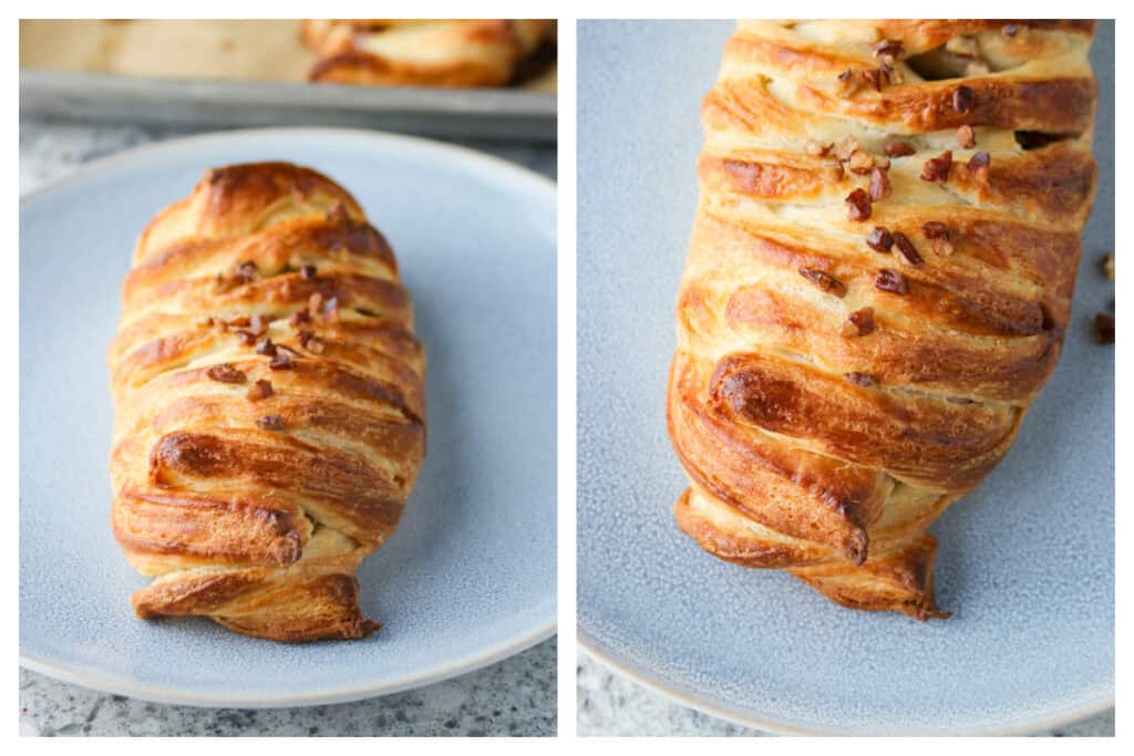 A collage of maple pecan Danish Pastry on a blue plate.