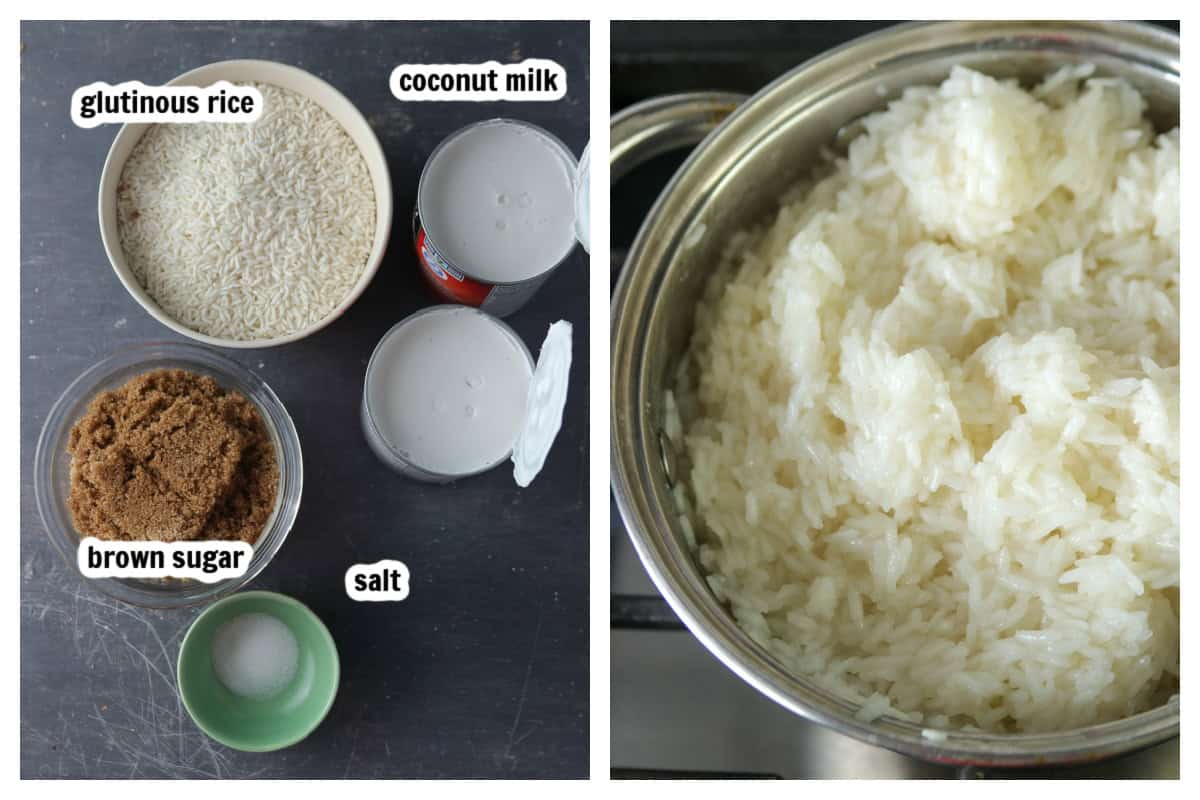 Biko ingredients (left) and the partially cooked glutinous rice (right).