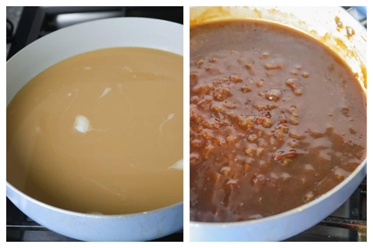 A collage showing the cooking process of coconut caramel.