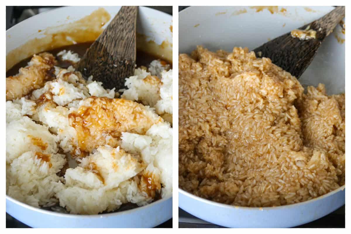 A collage showing the cooking of rice in the coconut caramel to make the biko.