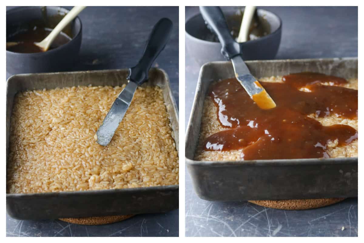 A collage showing the rice mixture being pressed into an 8 inch pan, then topped with the coconut caramel before baking.