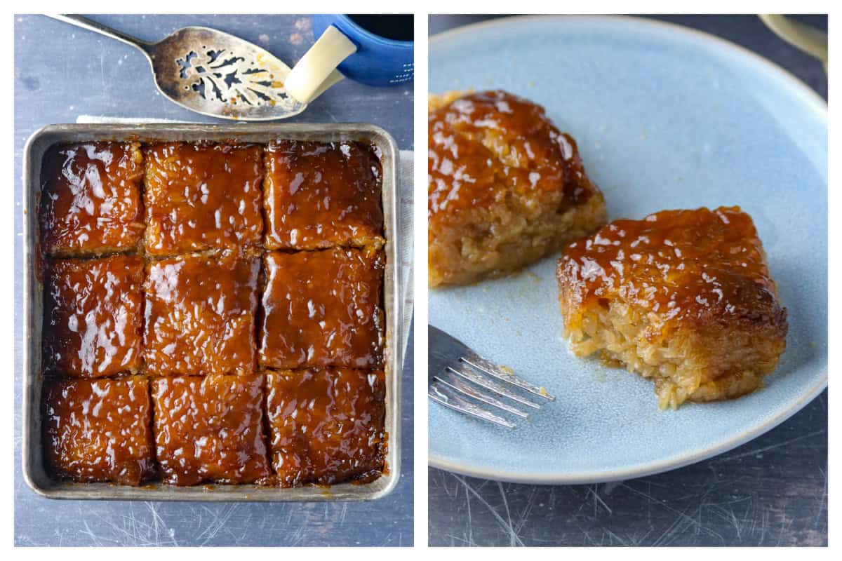 Biko, sliced in squares in a baking pan (left) and 2 biko squares served in a small plate (right).