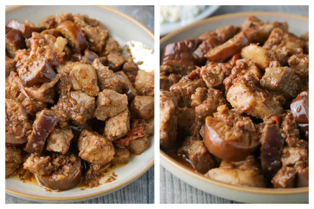 Pork binagoongan side by side photos in a collage.