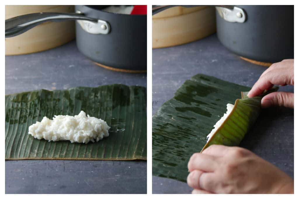 Wrapping the rice in banana leaf.