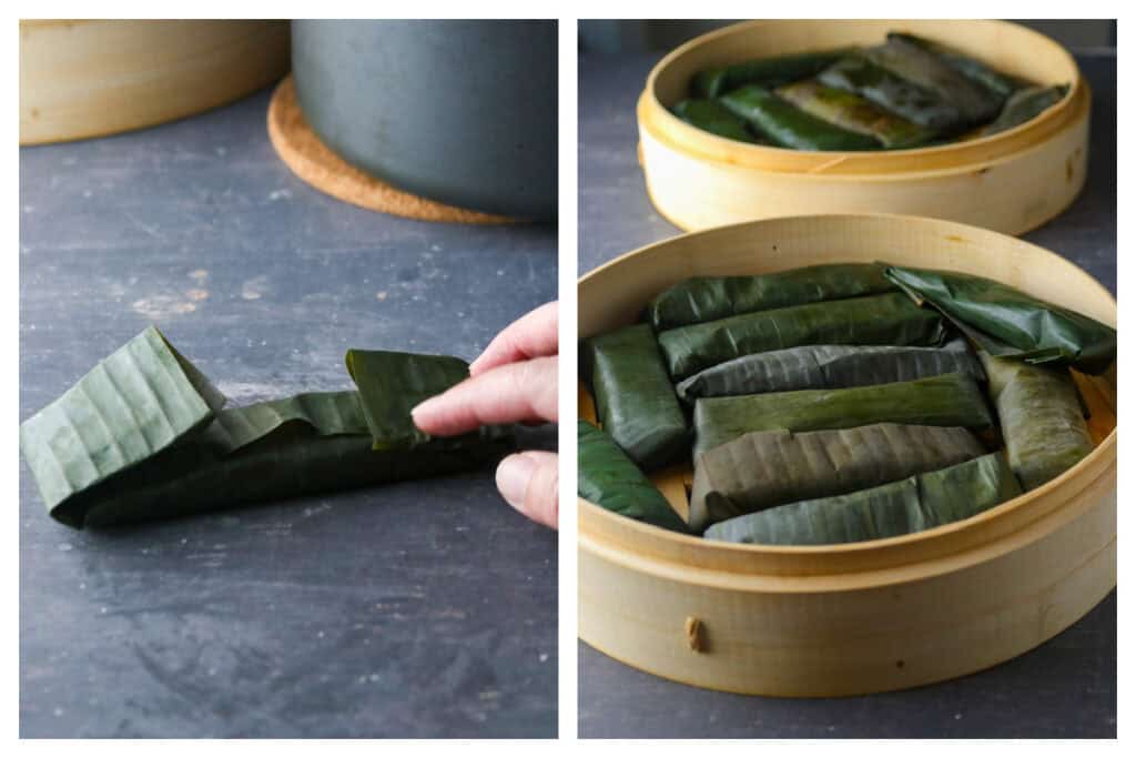 Left: a folded log of suman. Right: Suman logs in a steamer basket.