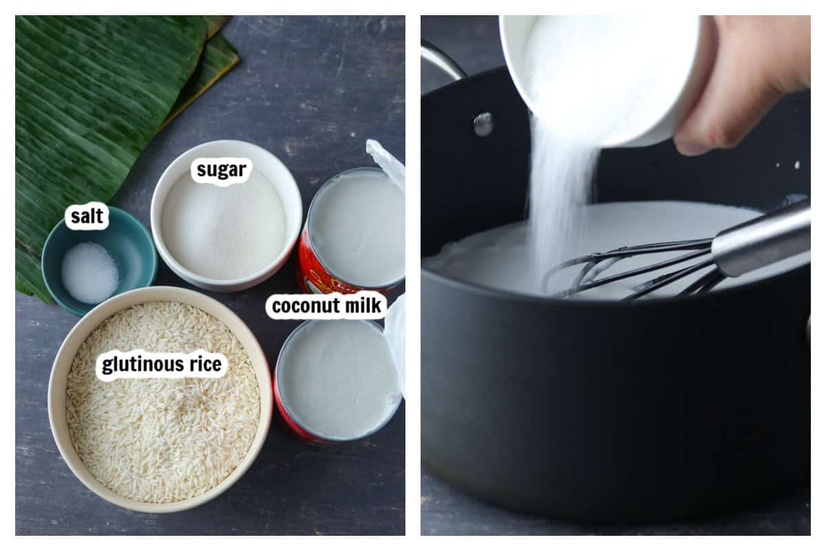 Suman malagkit ingredients (left) and stirring the sugar into the coconut milk (right).