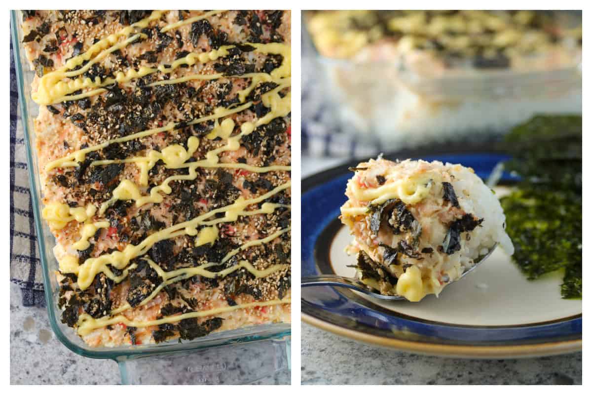 Left: baked sushi on the dish. Right: a spoon of baked sushi.