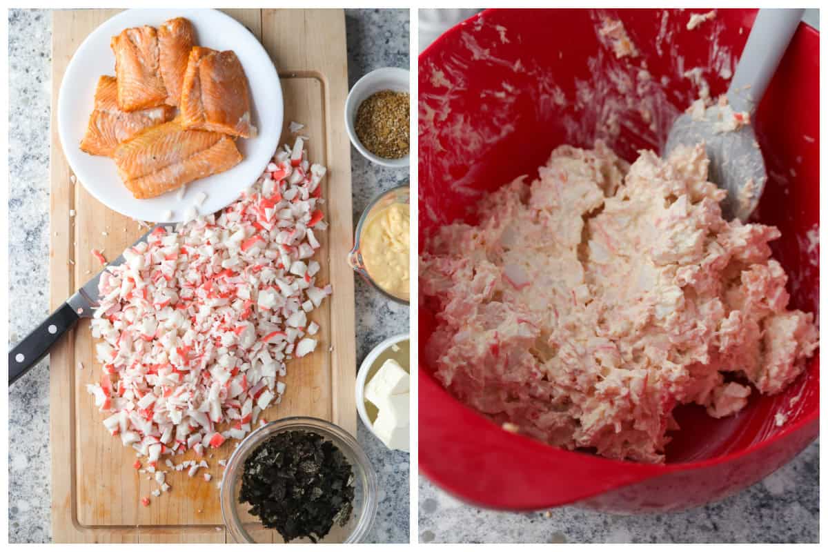Left: chopped imitation crab, cooked salmon, and the rest of the baked sushi ingredients. Right: the mixed creamy mixture.