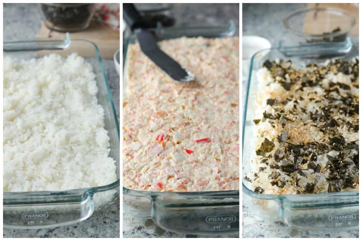 Process collage for the baked sushi. Left: rice spread on a dish. Middle: The creamy topping spread on top. Right: The nori and sesame seeds mixture sprinkled all over.
