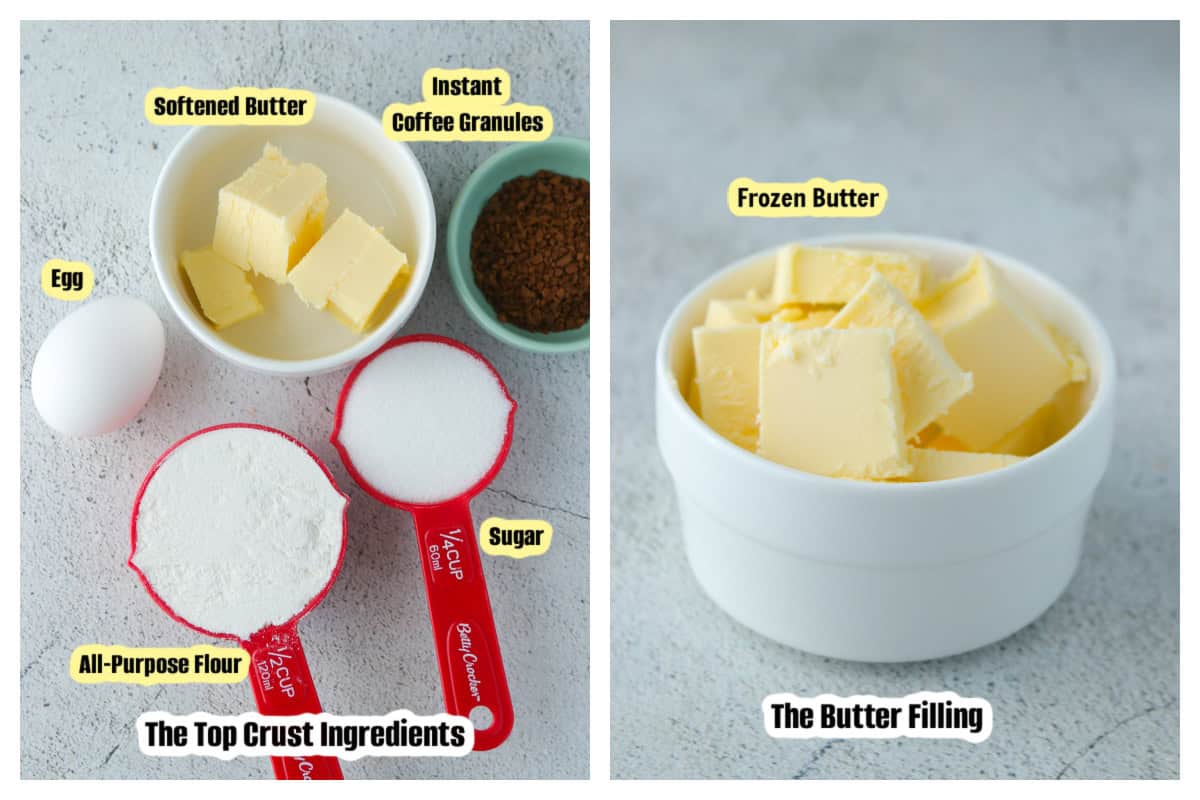 Left: The ingredients for the coffee batter. Right: The cubed frozen butter for the butter filling.