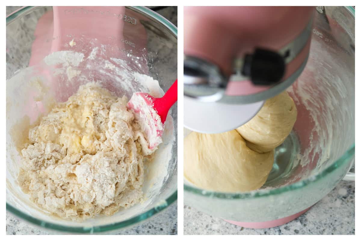 A collage showing the process of kneading dough in a stand mixer.