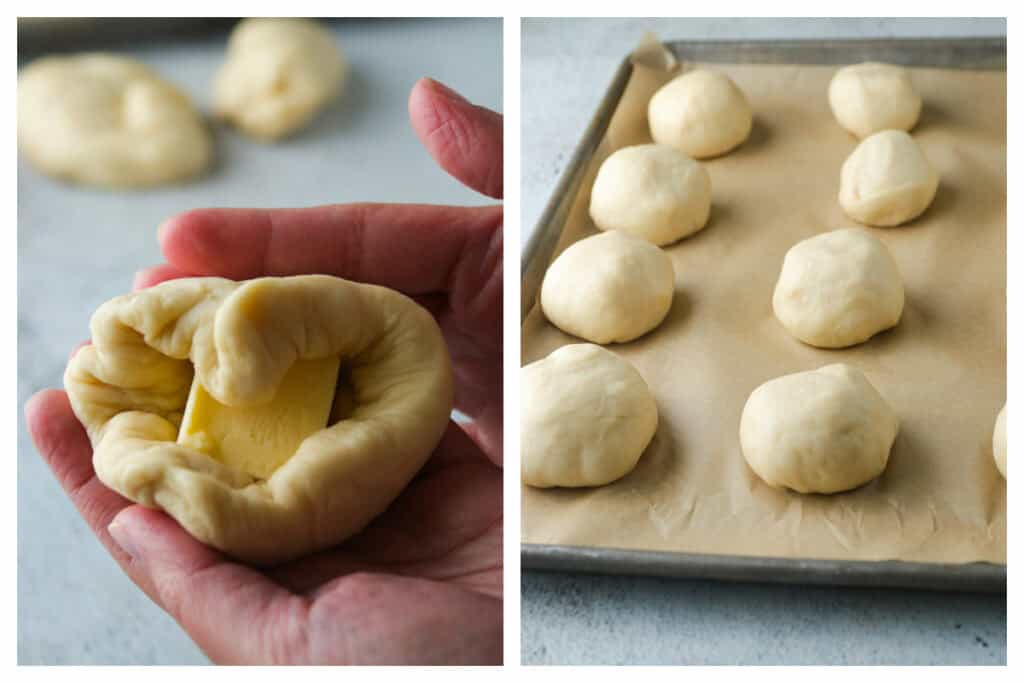 Enclosing the butter in the dough (left) and the filled dough arranged in the baking pan (right).