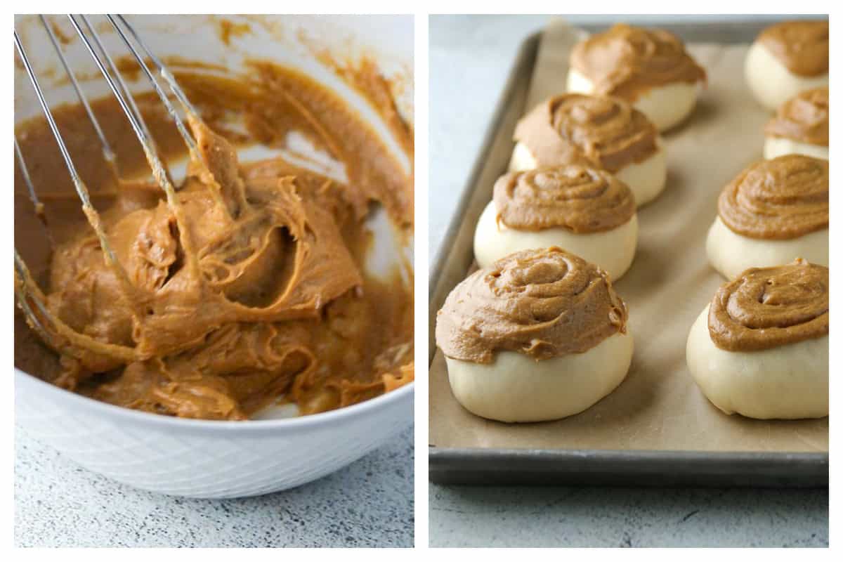 The coffee batter (left) and the piped coffee bater on top of the buns (right).