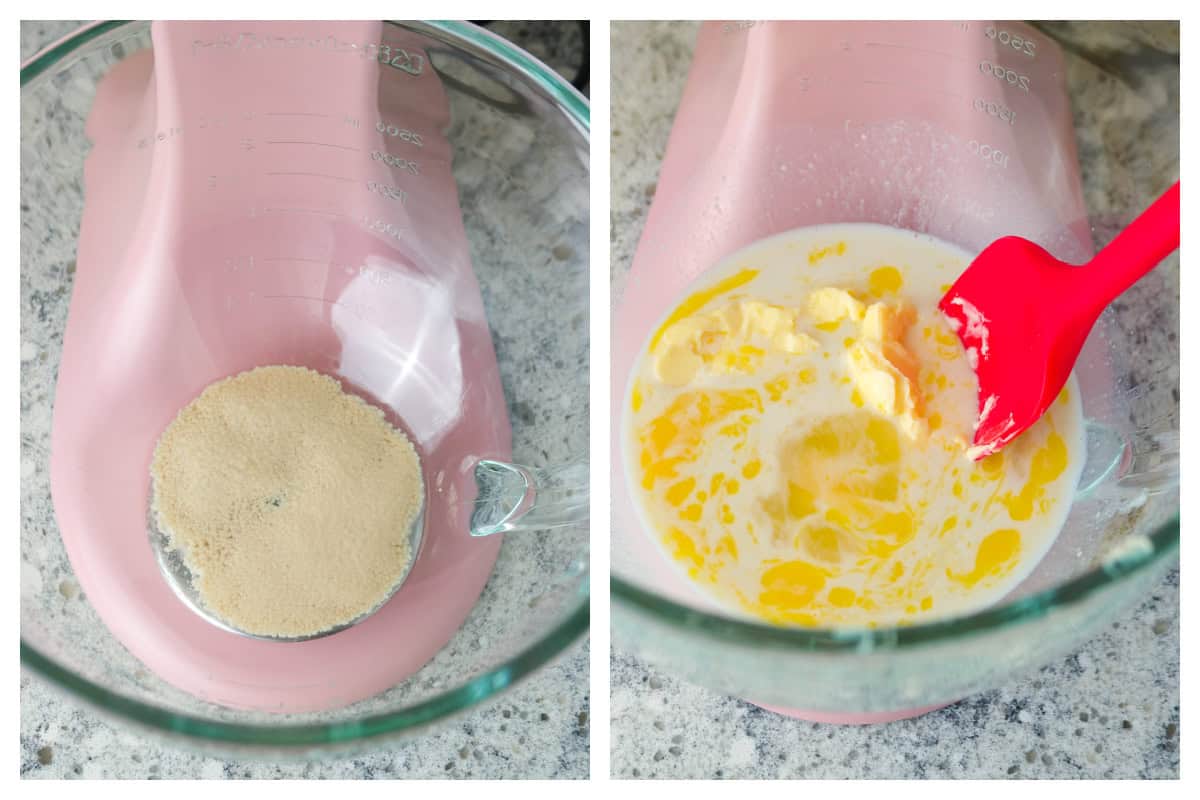The proofed yeast( left) and mixing in the egg, milk, butter, salt and sugar to the yeast mixture (right).