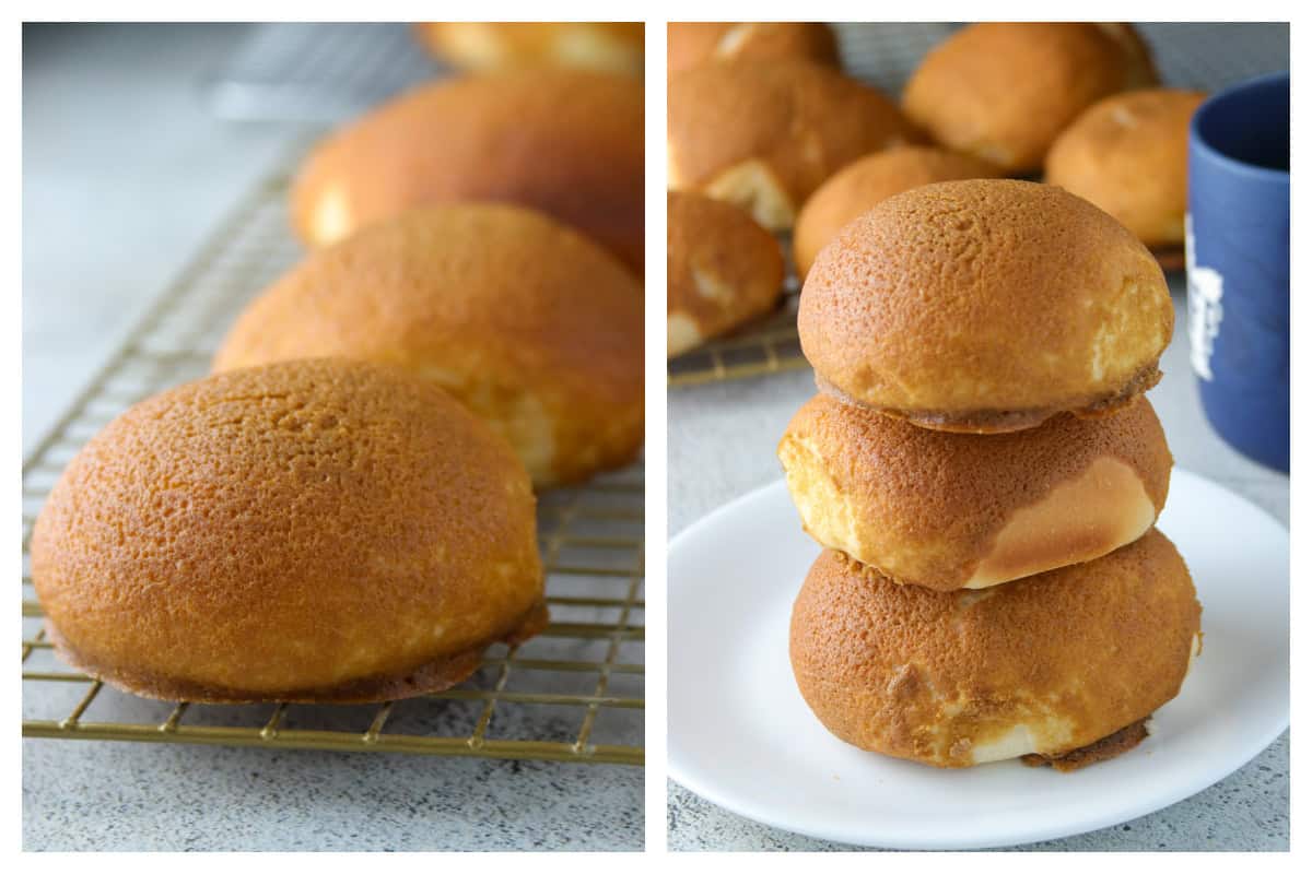 Left: Coffee buns on a wire rack.
Right: 3 coffee buns, stacked on a plate.