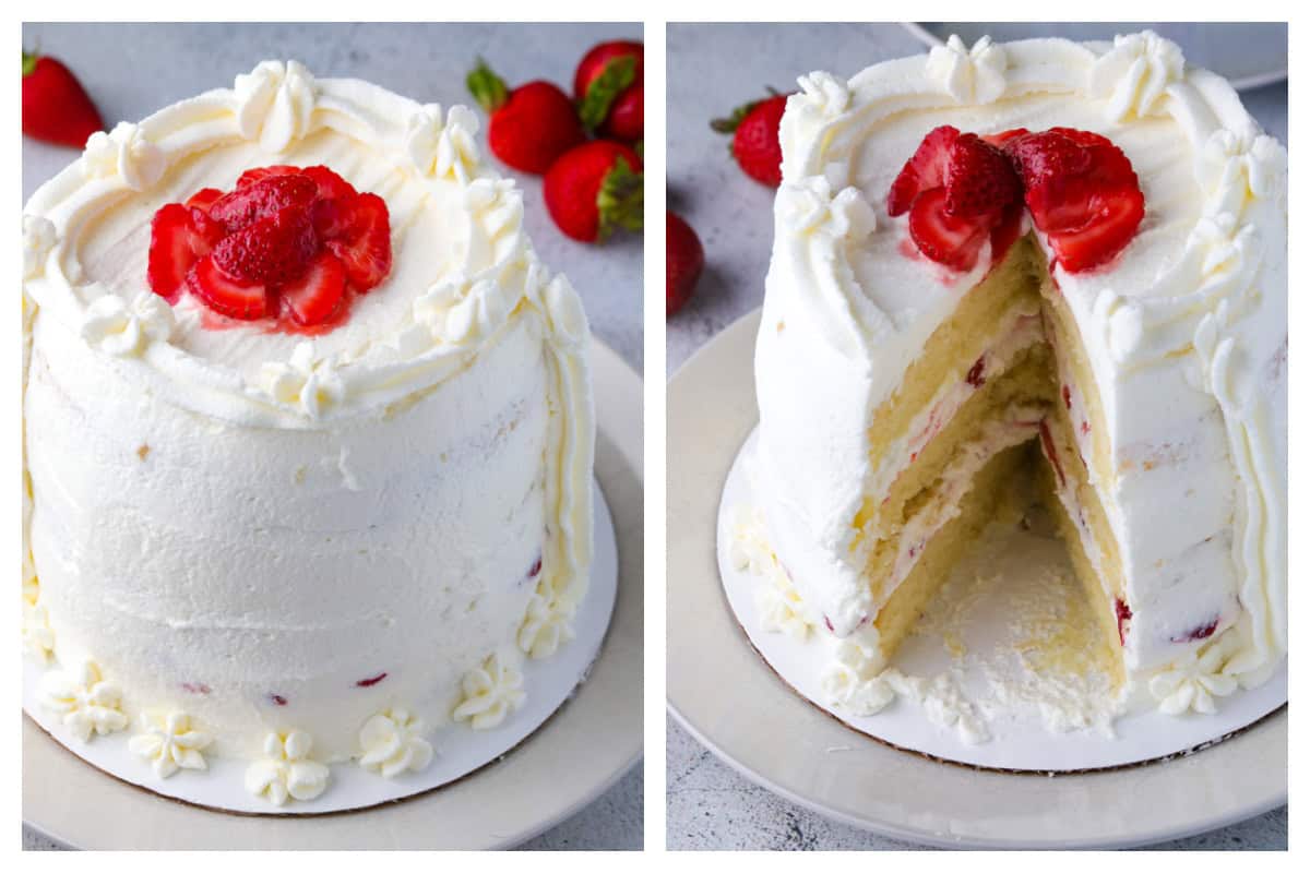 A collage of strawberry shortcake layer cake one whole cake (left) and a cake with a sliced part (right).