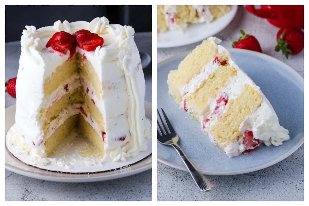 A collage of strawberry shortcake layer cake.