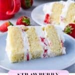 A slice of strawberry shortcake layer cake on a plate.