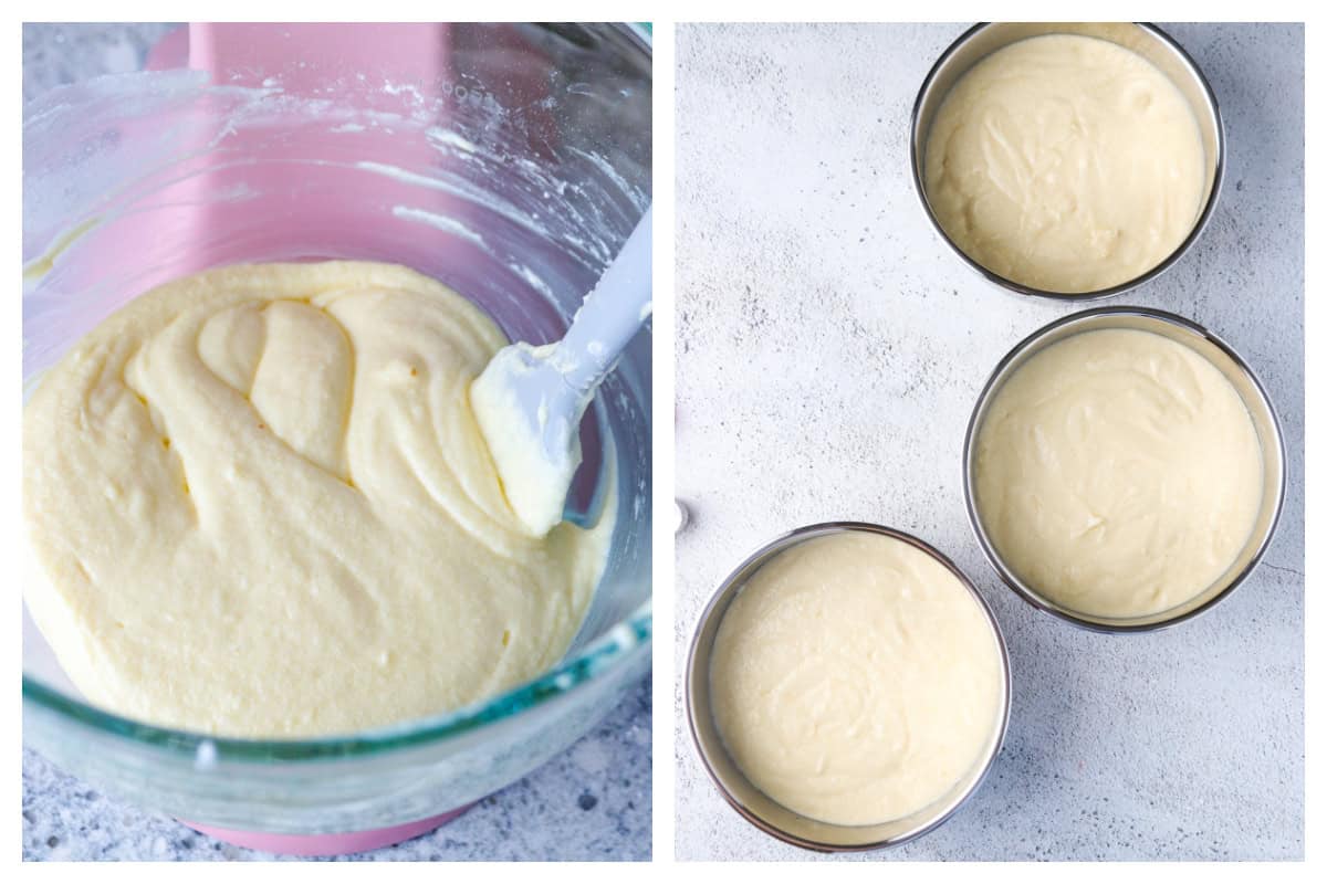 The final batter (left) and ten batter poured and scraped into three pans (right).