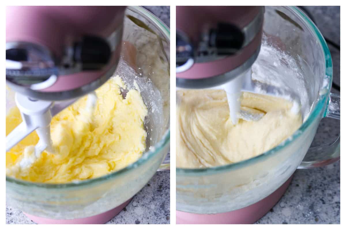 Mixing the batter for strawberry shortcake layer cake.
