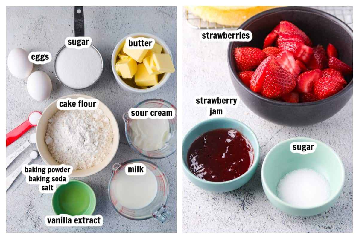 Ingredients for the strawberry shortcake layer cake.