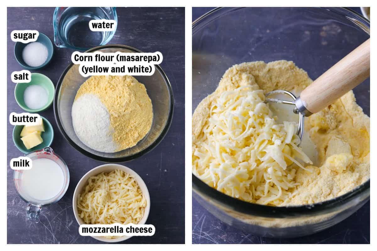 Ingredients for the Arepa con queso (left) and mixing the dry ingredients (right).