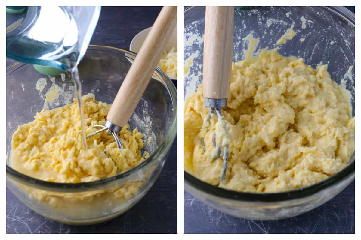 Adding water to the dry mix and then m mixing it to form a soft dough.