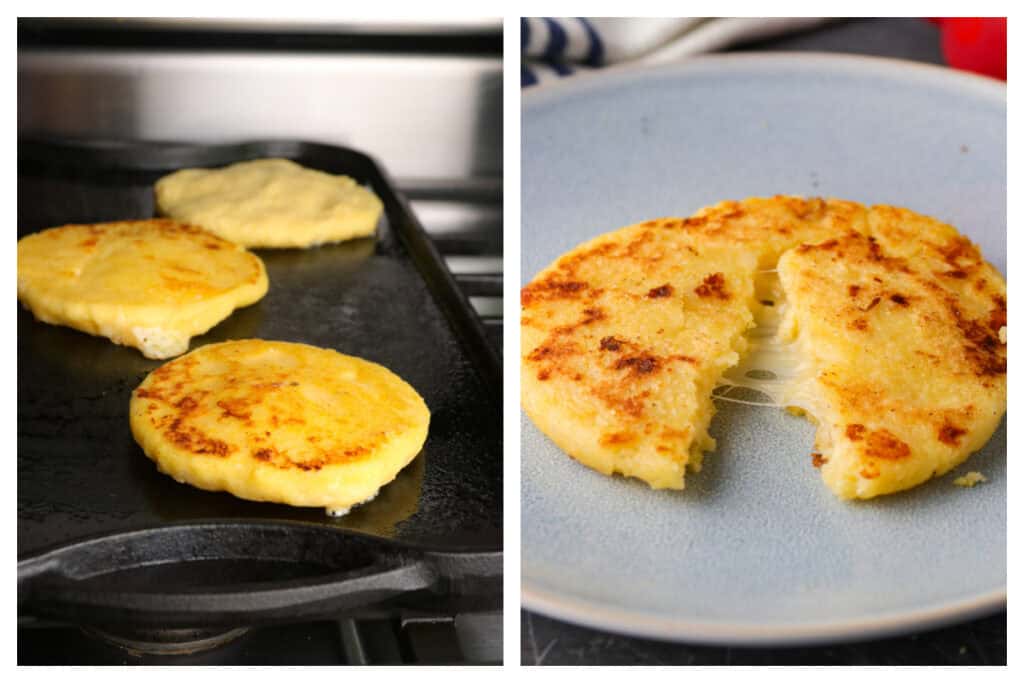 Cooking the arepa in the griddle (left) and the arepa served and sliced in half (right).